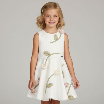 Girls White Rose Satin Dress