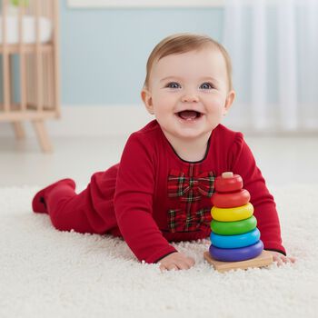 ملابس أطفال بناتي بفيونكة تارتان حمراء