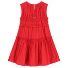 Girls Red Poplin Ruffle Dress, 3, hi-res