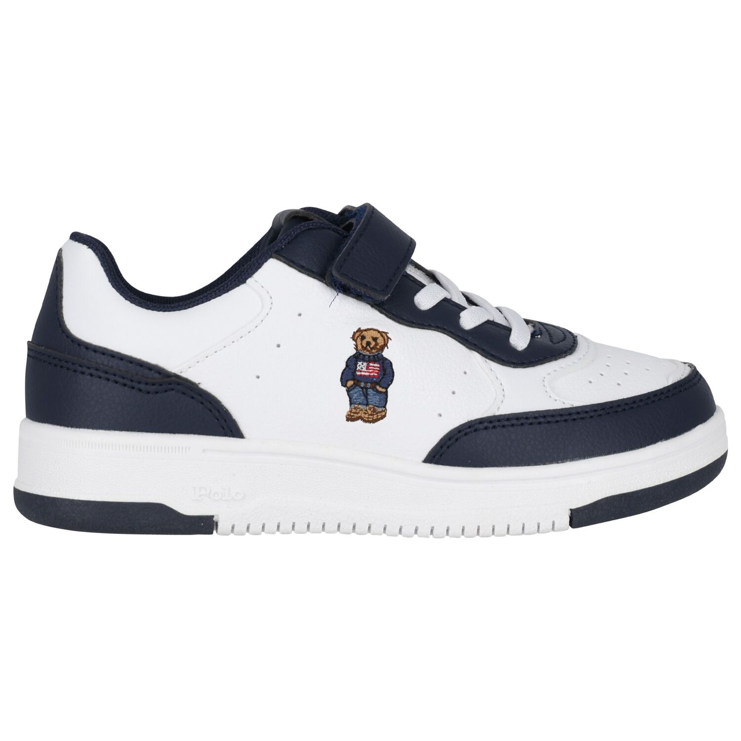 Boys White & Navy Blue Logo Trainers, 1, hi-res
