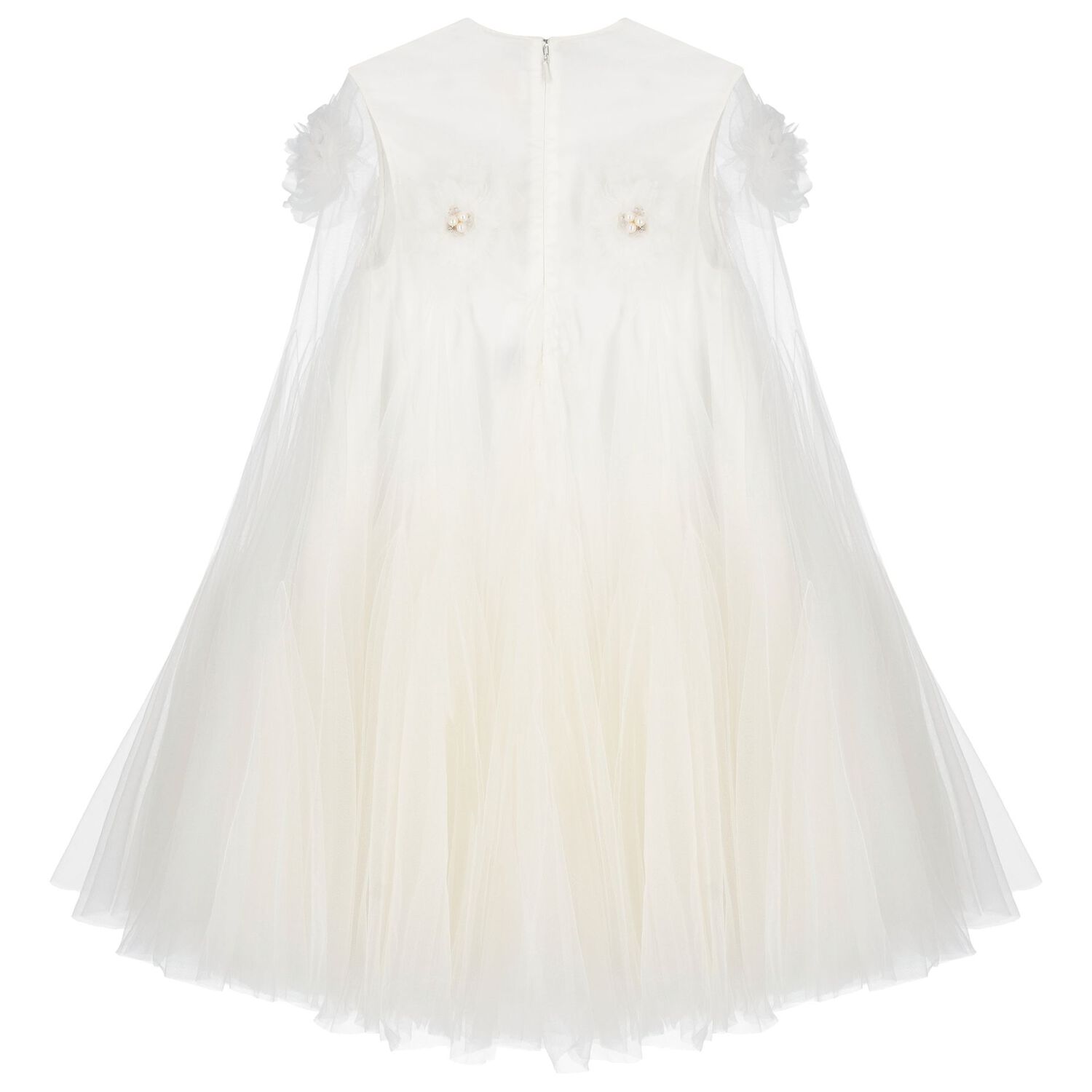 Girls White Flower Cape Tulle Dress, 1, hi-res