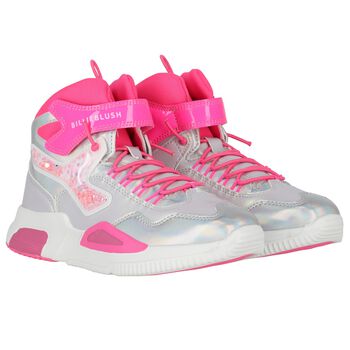 Girls Silver & Pink Faux Leather Trainers