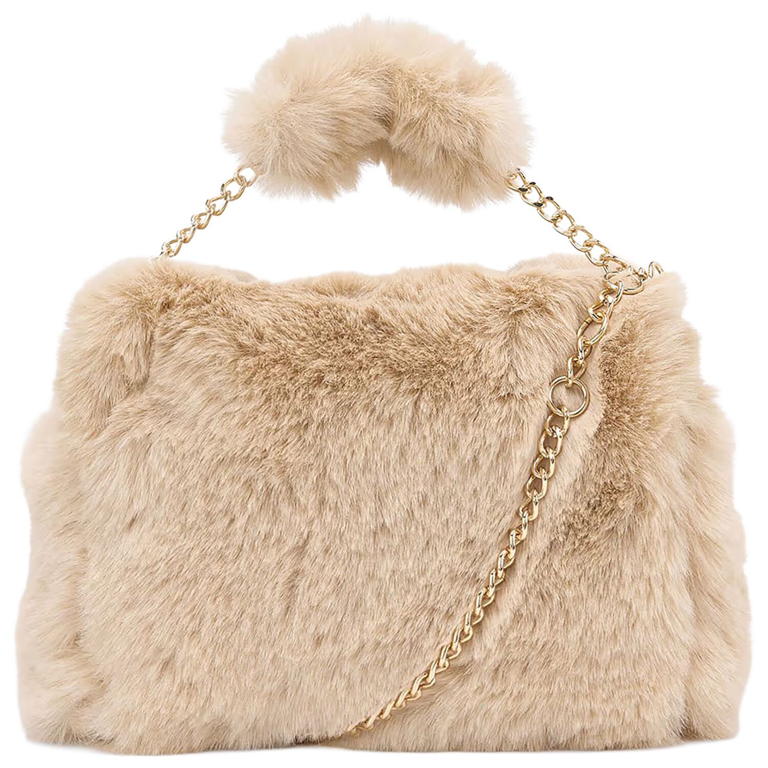 Girls Beige Faux Fur Handbag, 2, hi-res