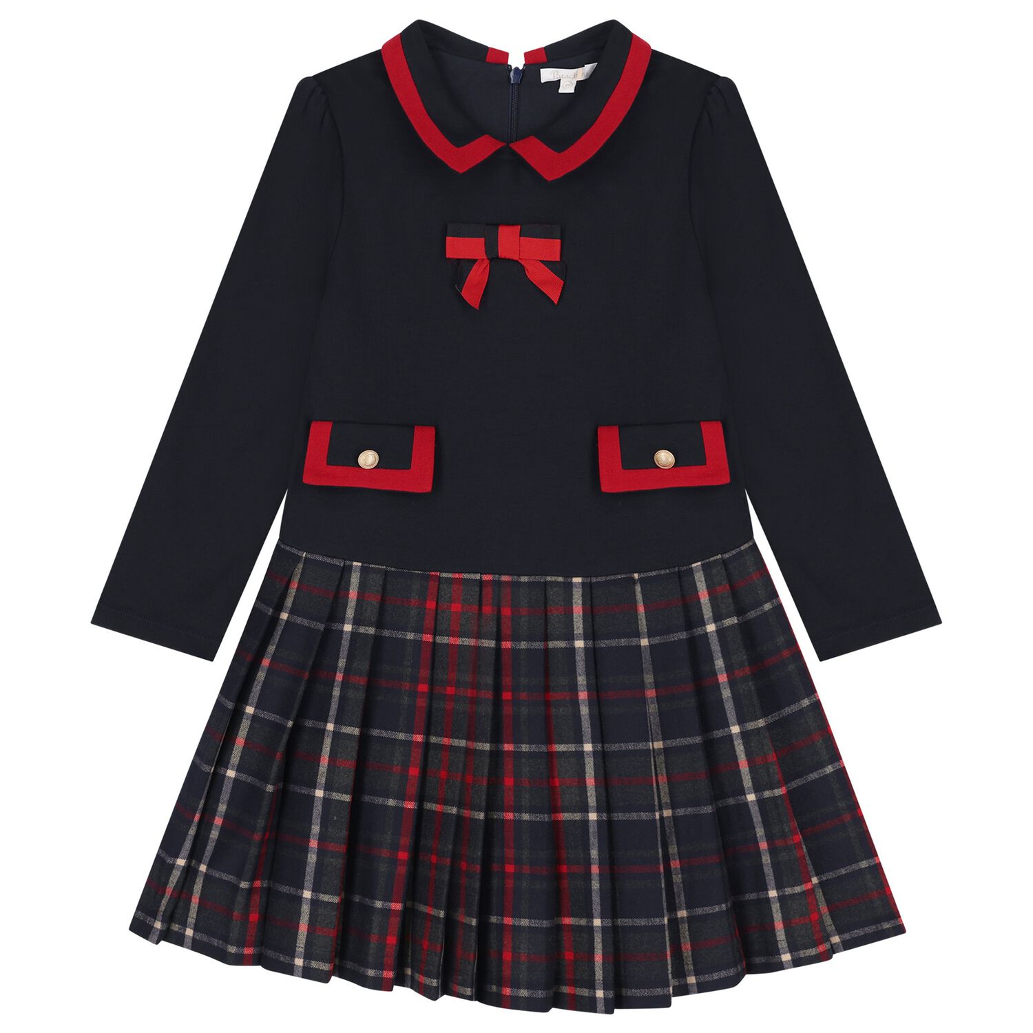 Girls Navy Blue Tartan Dress, 1, hi-res