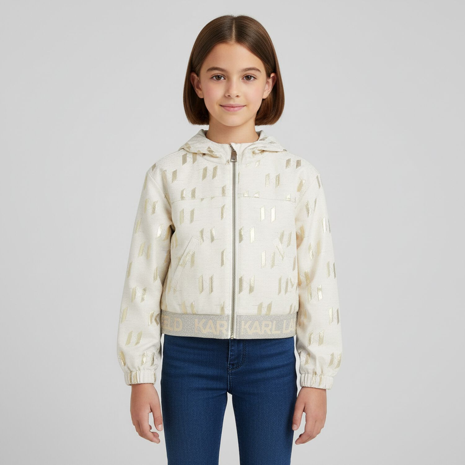 Girls Ivory & Gold Hooded Zip Up Top, 1, hi-res image number null