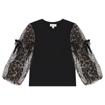 بلوزة تول باللون سوداء بأكمام طويلة بنقشة جلد الفهد للبنات