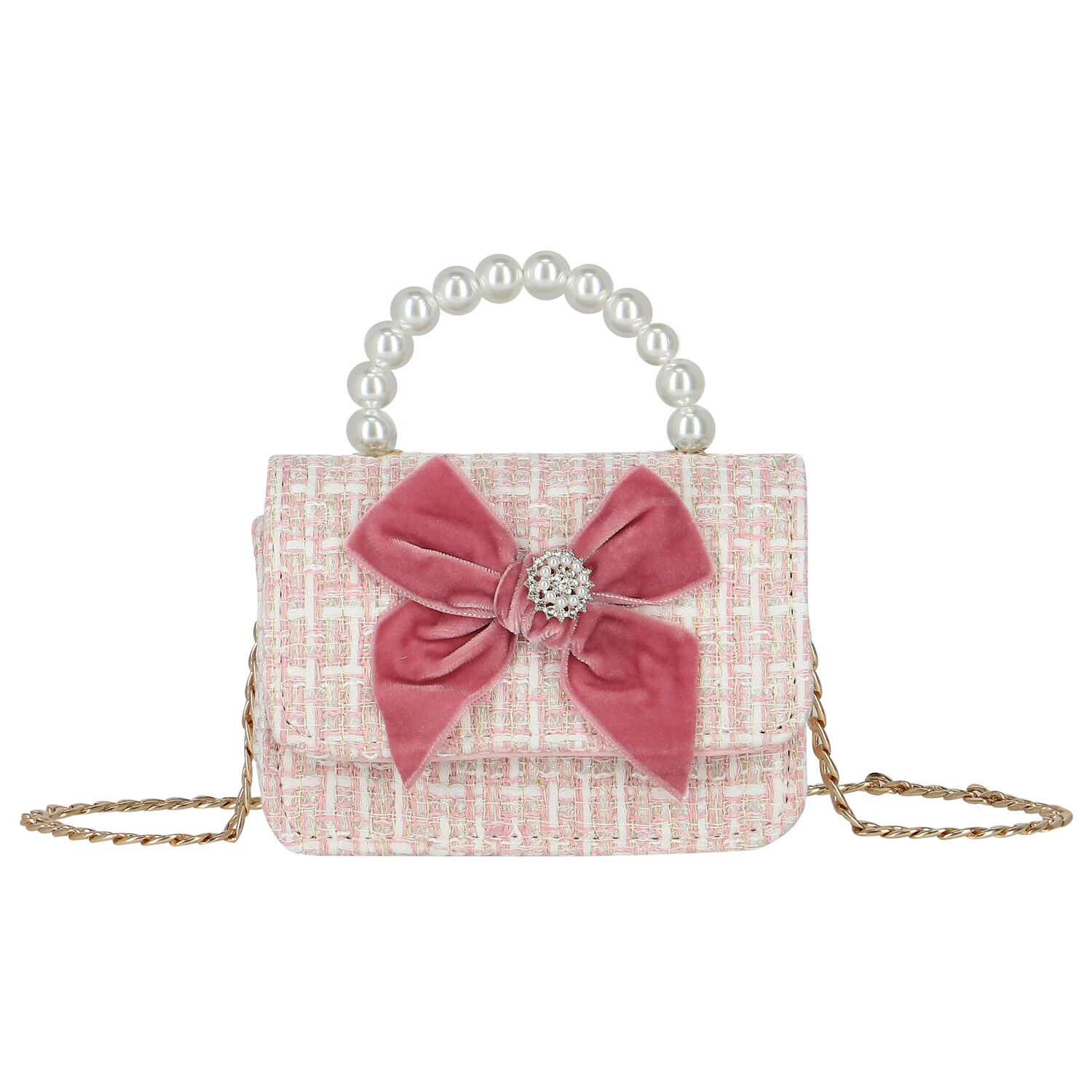 Girls Ivory & Pink Tweed Bow Bag, 1, hi-res