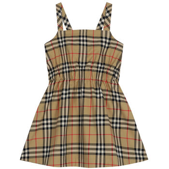 Girls Beige Checked Dress