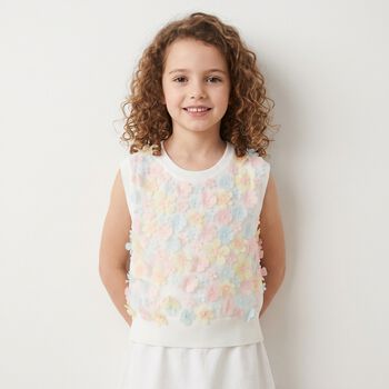 Girls White Pink & Blue Floral Appliques Top 