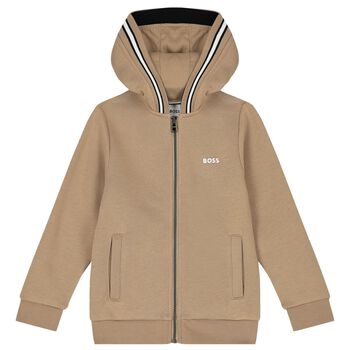 Boys Beige Logo Hooded Zip Up Top