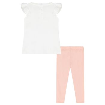 Younger Girls White & Pink Ruffled Leggings Set