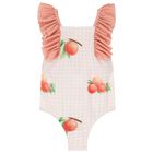 Girls Coral & White Peaches Swimsuit, 2, hi-res