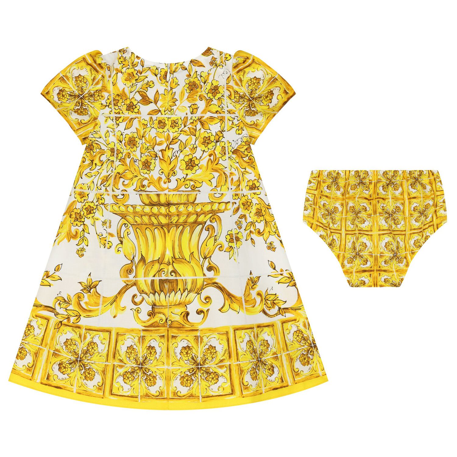 Baby Girls White & Yellow Majolica Dress Set, 1, hi-res