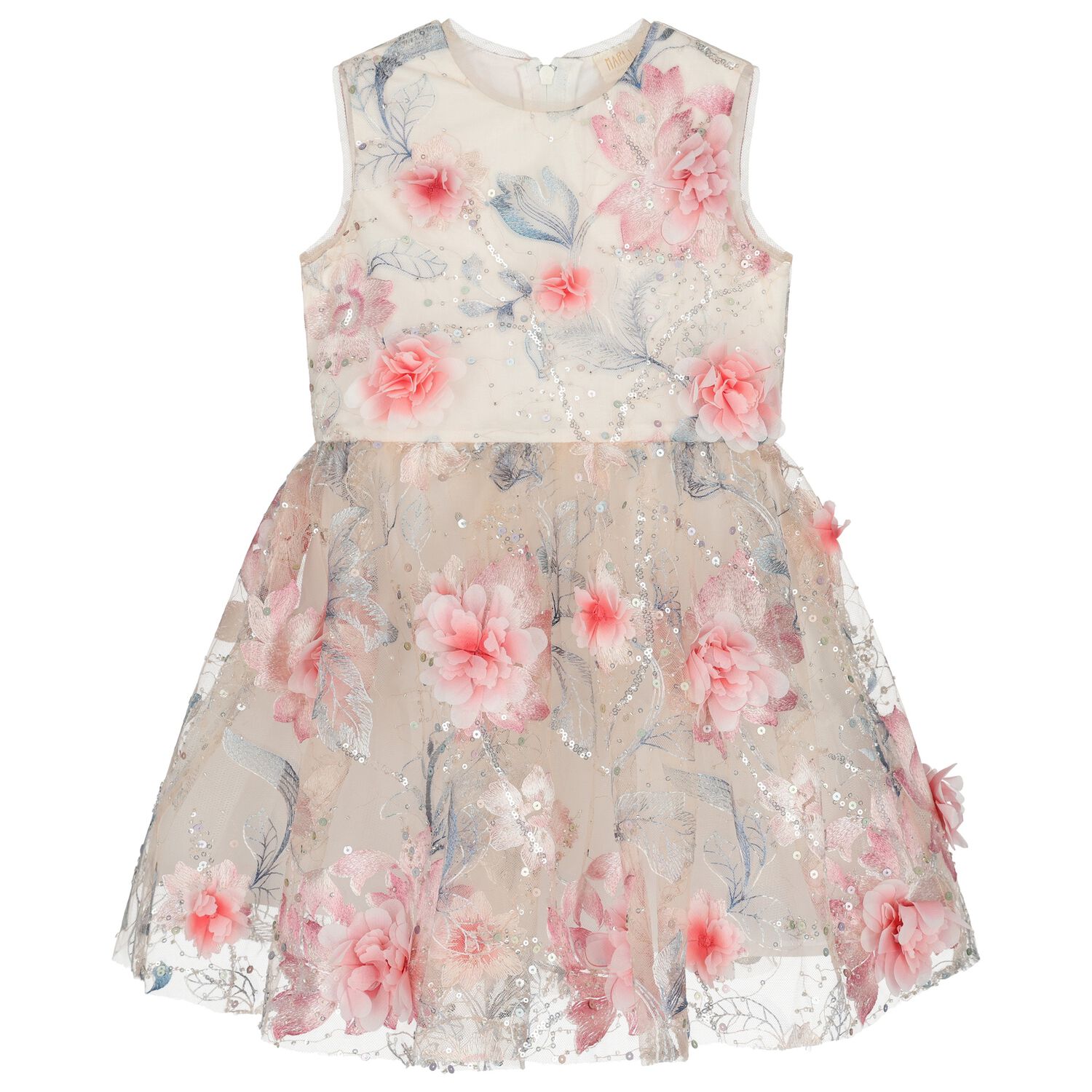 Girls Beige & Pink 3D Floral Tulle Dress, 1, hi-res