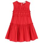 Girls Red Poplin Ruffle Dress, 3, hi-res