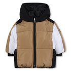 Younger Boys Beige, Black & White Puffer Jacket, 1, hi-res