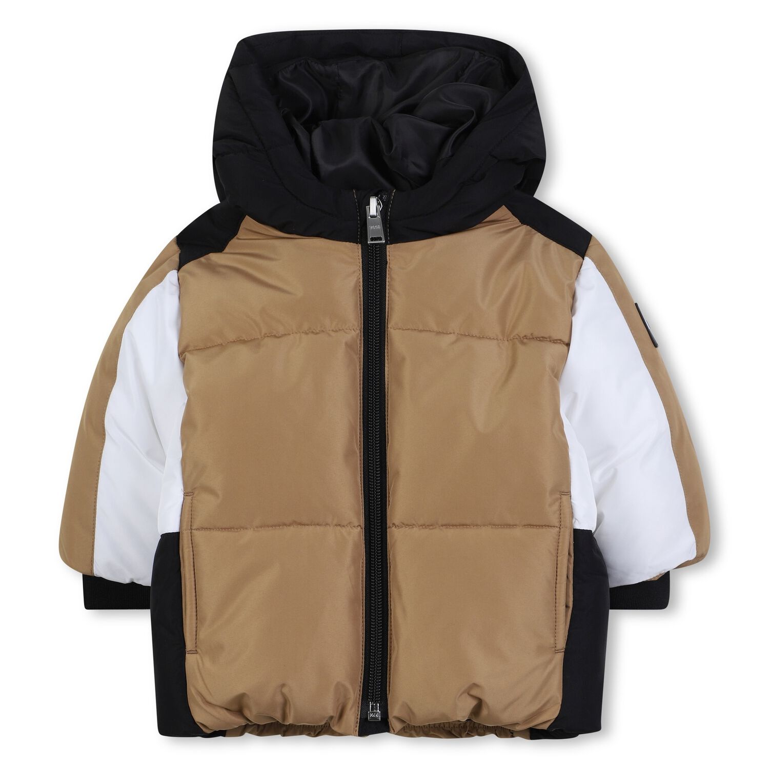 Younger Boys Beige, Black & White Puffer Jacket, 1, hi-res