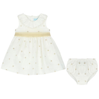 Younger Girls Ivory & Gold Spot Dress