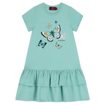 Girls Green Butterflies Logo Dress