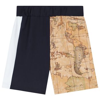 Boys Navy Blue, White & Beige Geo Map Shorts