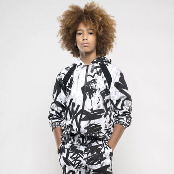 White & Black Graffiti Logo Hooded Zip Up Top