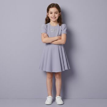 Girls Purple Diamante Logo Pleated Dress