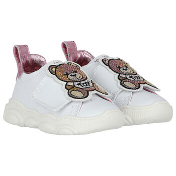 Girls White Embellished Teddy Logo Trainers