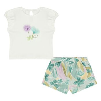 طقم شورت بناتي بلون العاجي و الأخضر مزين بالزهور