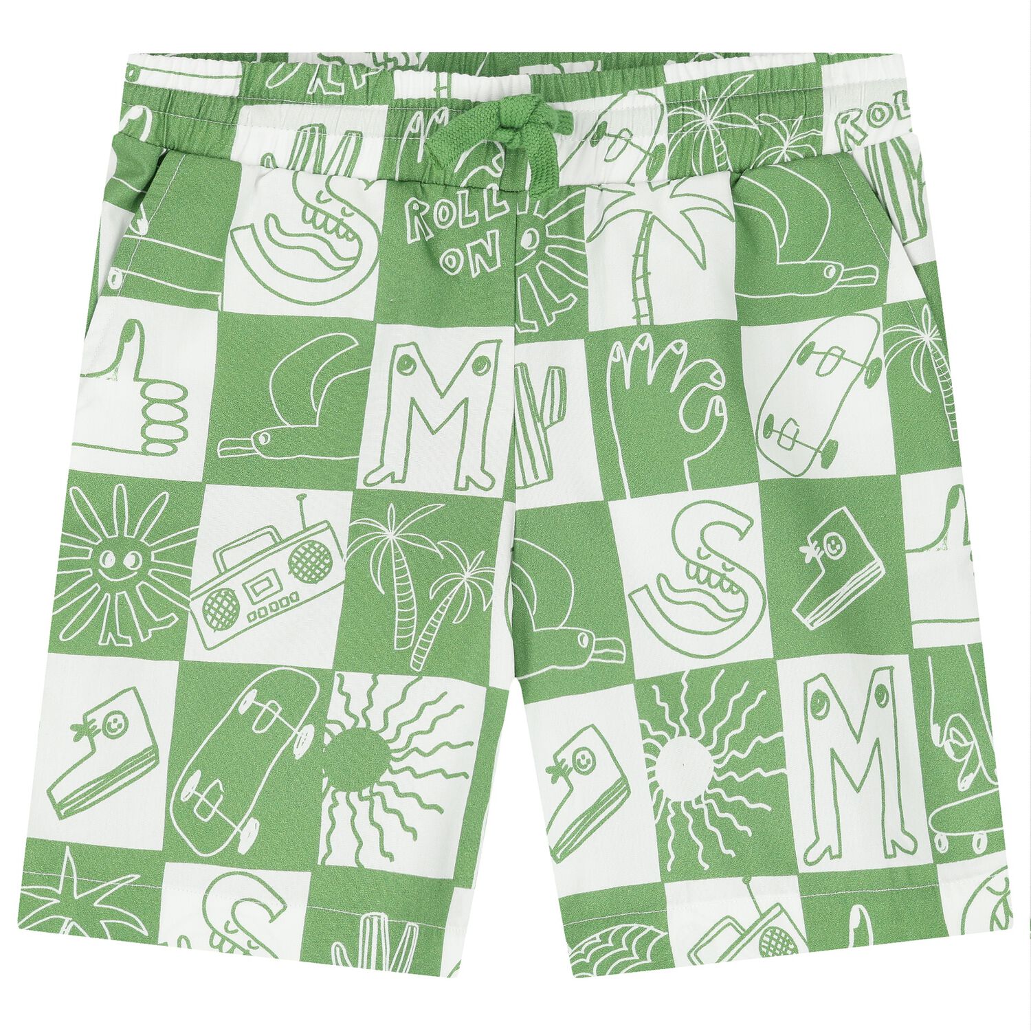 Boys Green & White Logo Shorts, 1, hi-res
