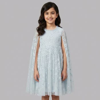 Girls Blue Sequin & Flower Tulle Cape Dress