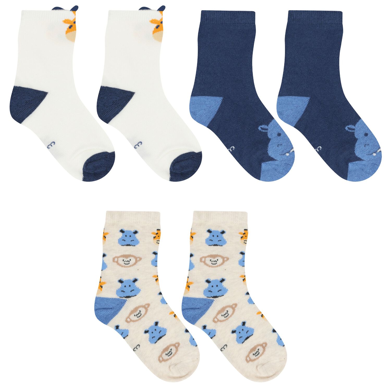 Younger Boys White, Navy Blue & Beige Socks ( 3-Pack ) , 1, hi-res