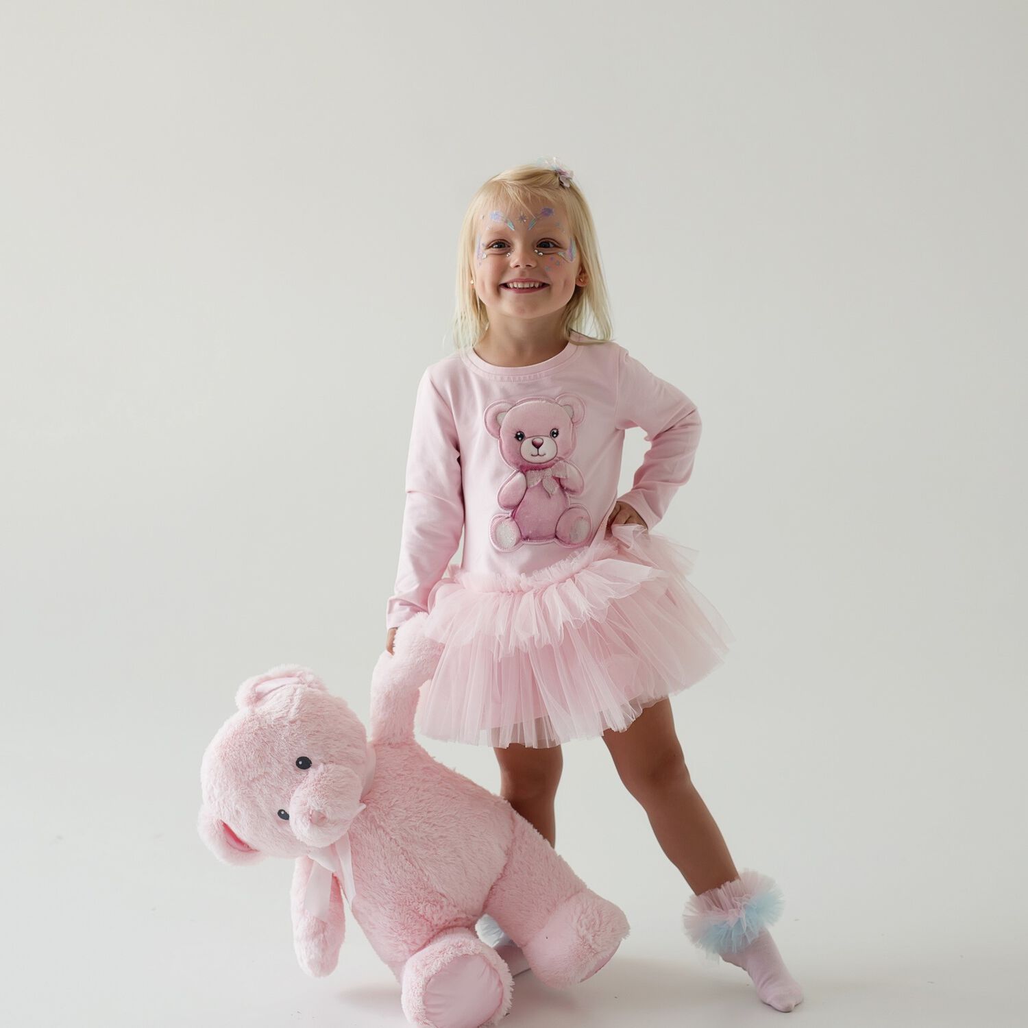 Girls Pink Teddy Bear Logo Dress, 1, hi-res image number null
