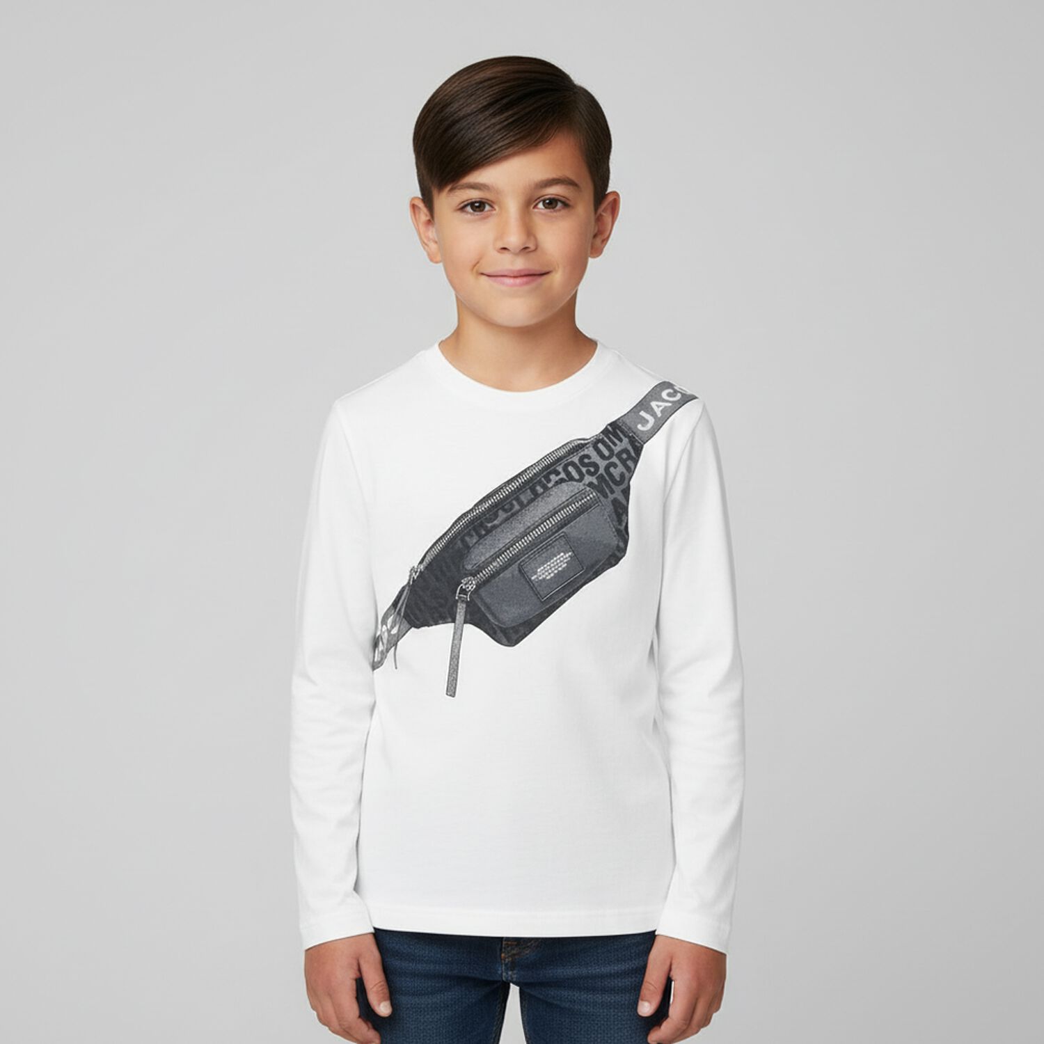Boys White Belt Bag Long Sleeve Top, 1, hi-res
