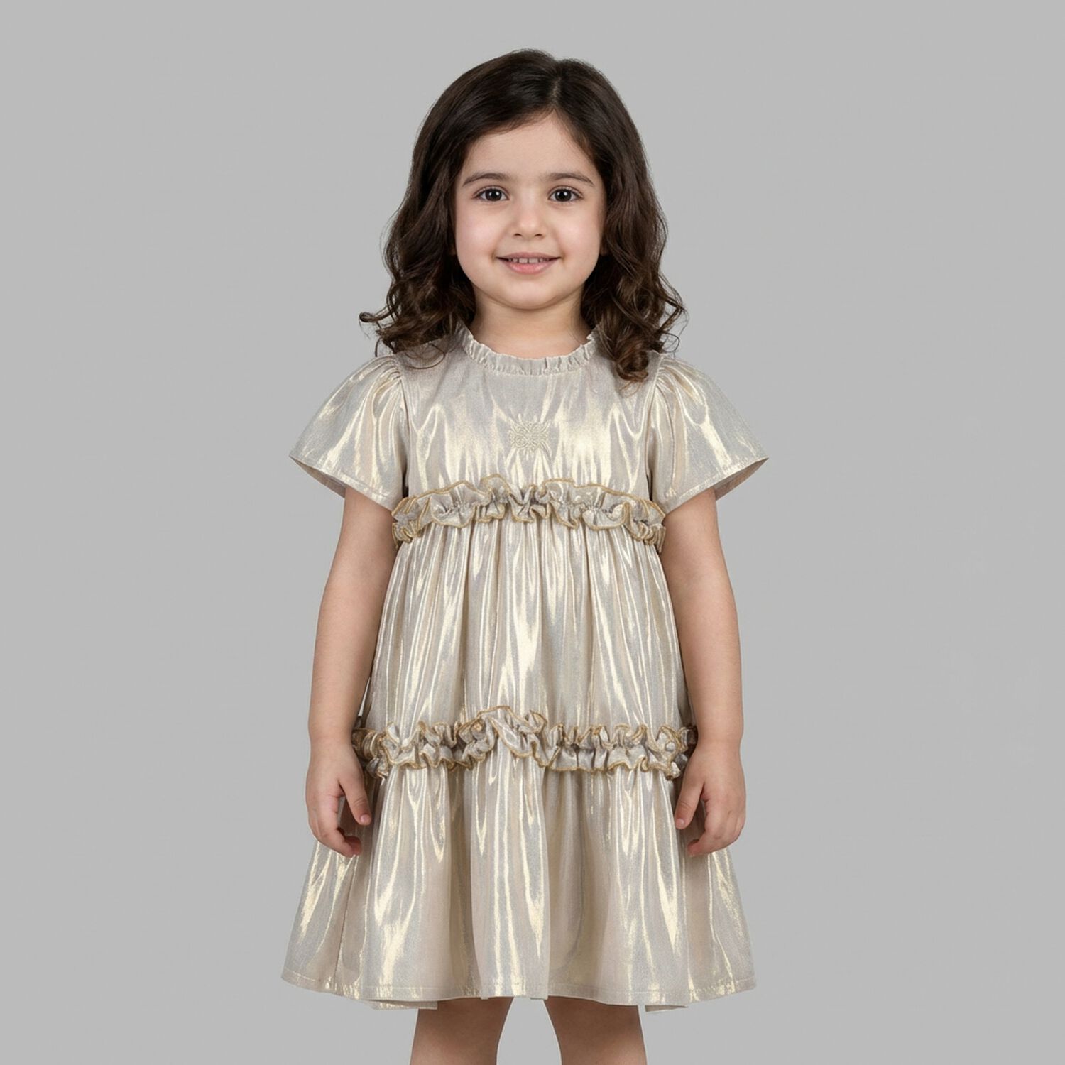 Younger Girls Beige & Gold Logo Ruffled Dress, 1, hi-res