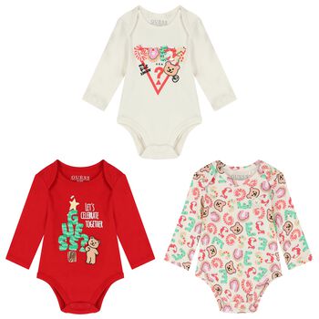 Baby Boys Ivory & Red Logo Bodysuits ( 3-Pack )