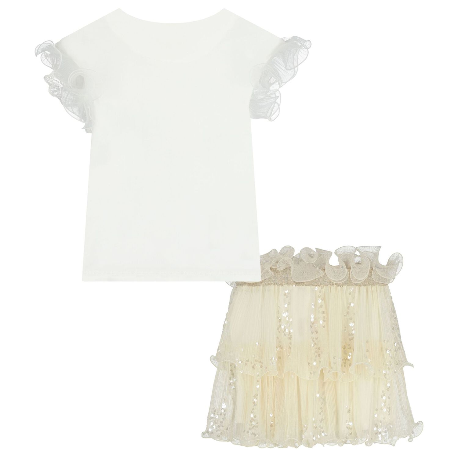 Girls White & Ivory Embellished Sequin Skirt Set, 1, hi-res