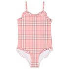 Girls Pink Check Ruffled Swimsuit, 1, hi-res