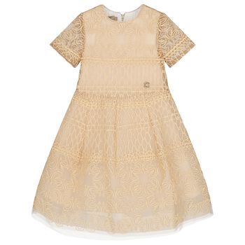 Girls Beige Embroidered Tulle Dress