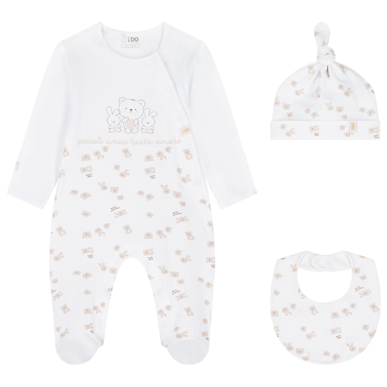 White & Beige Teddy Bear Babygrow Gift Set, 1, hi-res