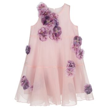 Girls Pink 3D Floral Organza Dress