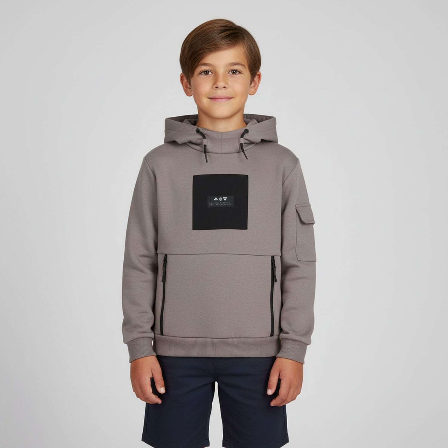 Boys Beige & Black Hooded Top, 2, hi-res