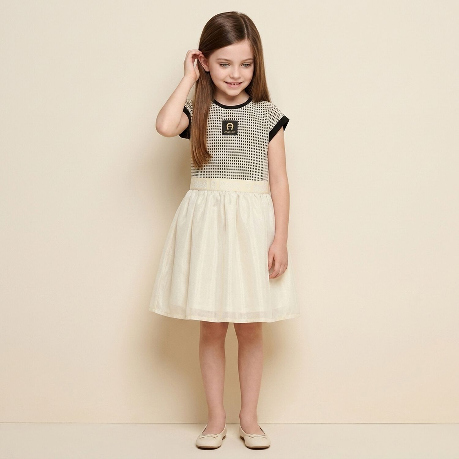 Girls Black & Gold Logo Dress, 2, hi-res