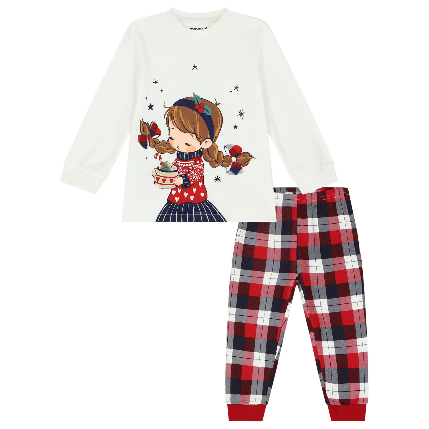 Younger Girls Ivory & Red Festive Pyjamas, 1, hi-res