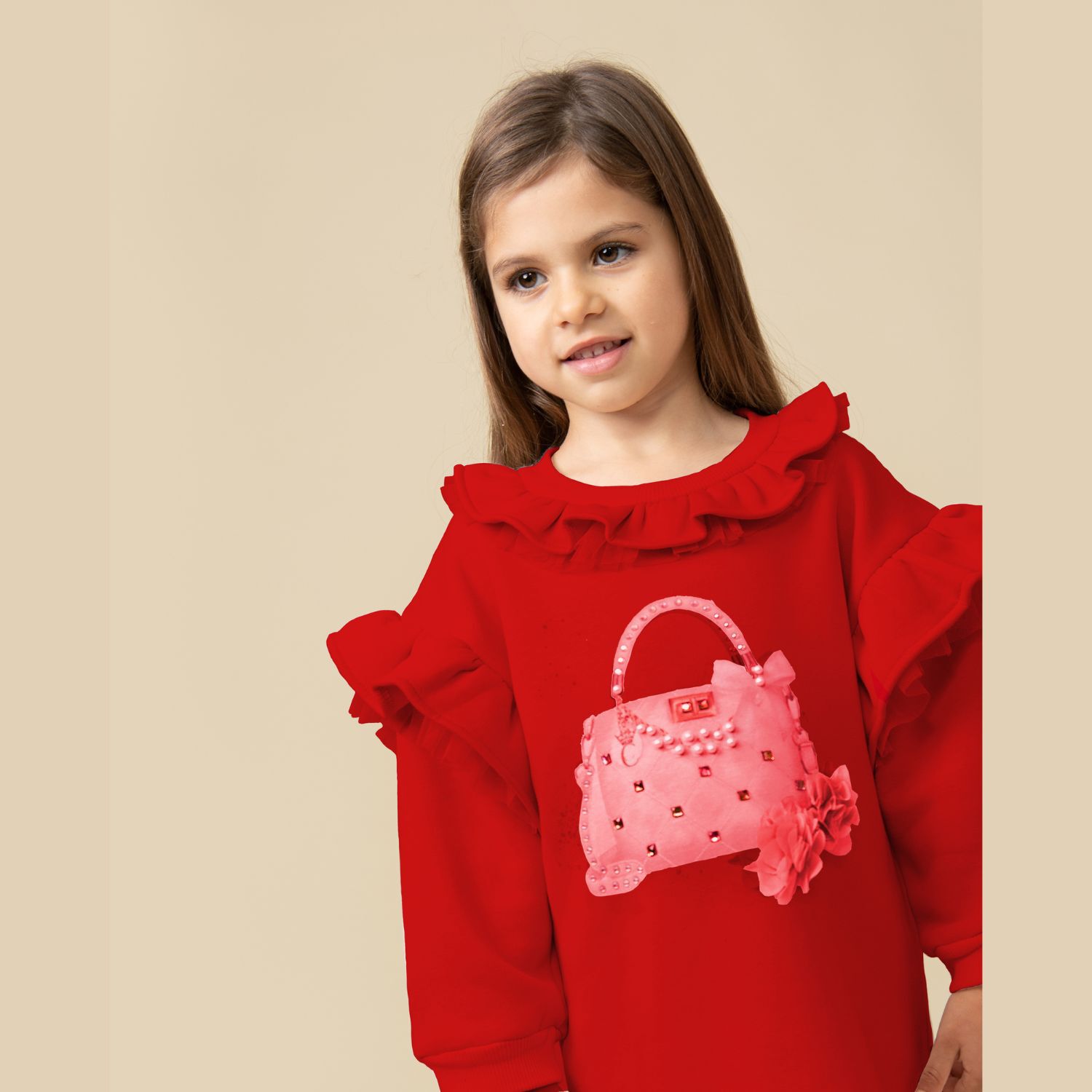 Girls Red Logo Bag Ruffled Dress, 1, hi-res