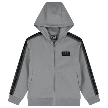 Boys Grey & Black Logo Hooded Zip Up Top 