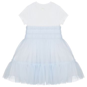 Girls White & Blue Logo Tulle Dress