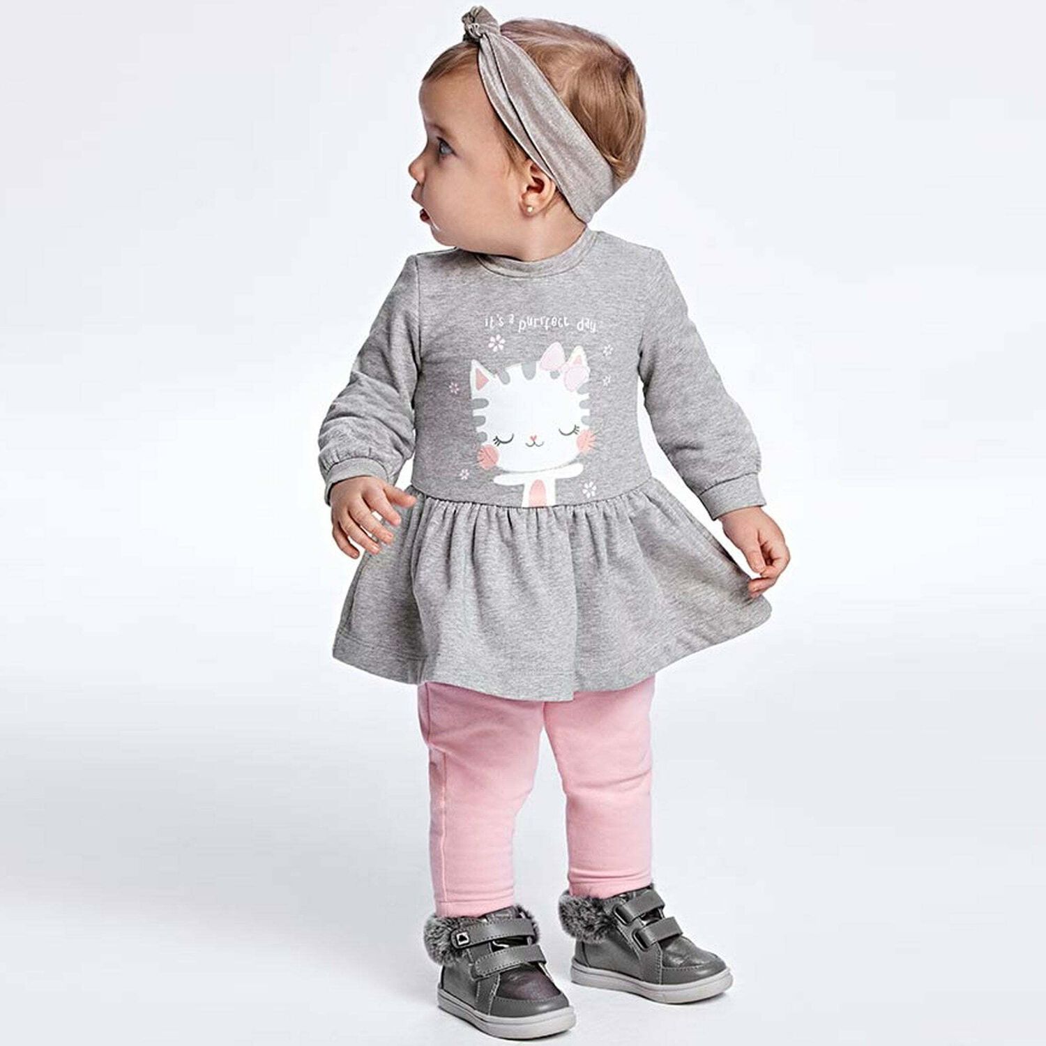 Younger Girls Grey Cat Dress, 1, hi-res
