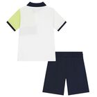 Boys White  & Navy Blue Logo Shorts Set, 2, hi-res