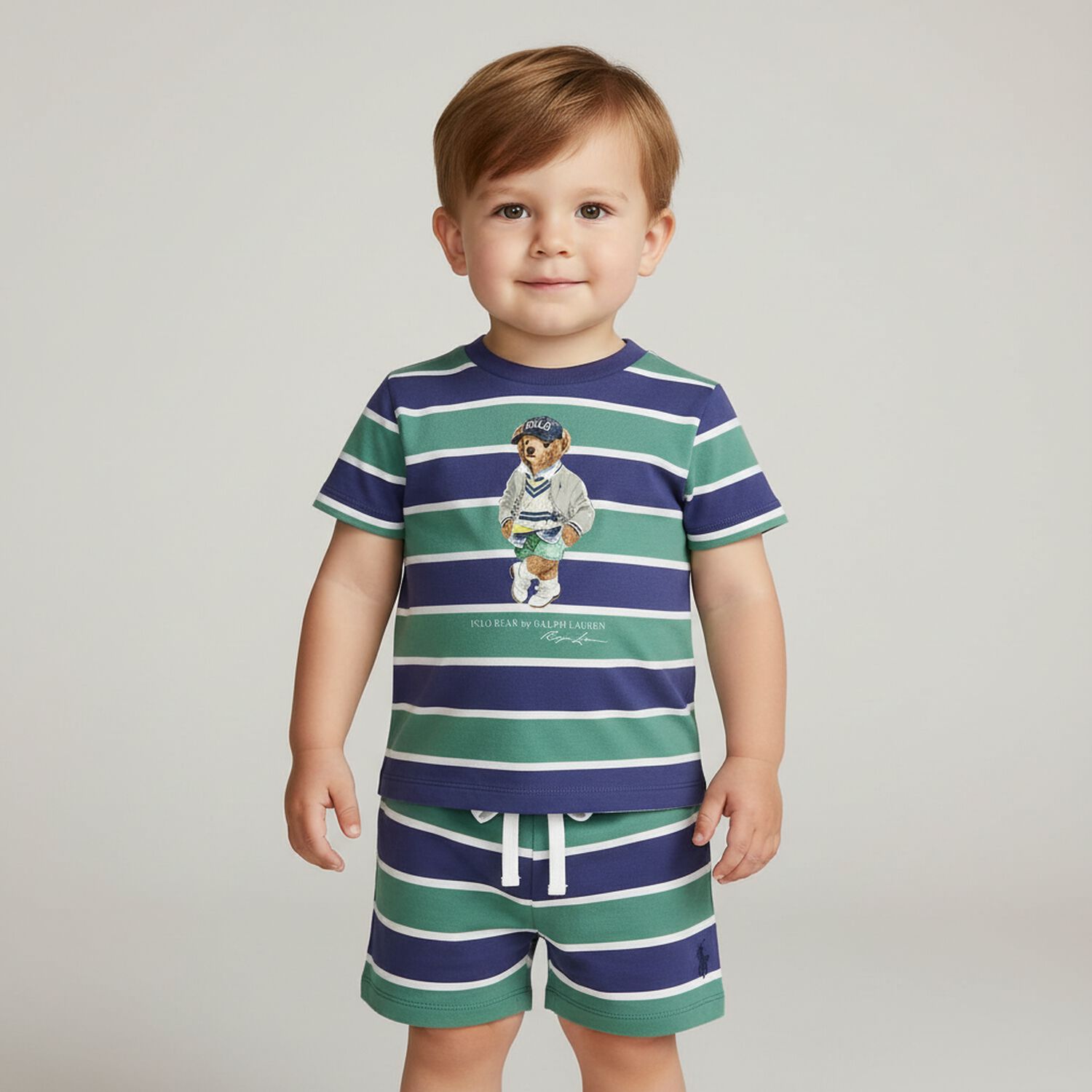 Baby Boys Blue & Green Polo Bear Shorts Set, 1, hi-res