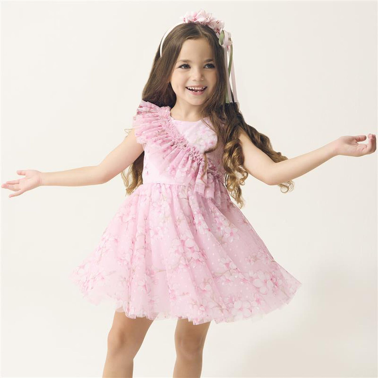 Girls Pink Cherry Blossom Tulle Dress, 1, hi-res image number null
